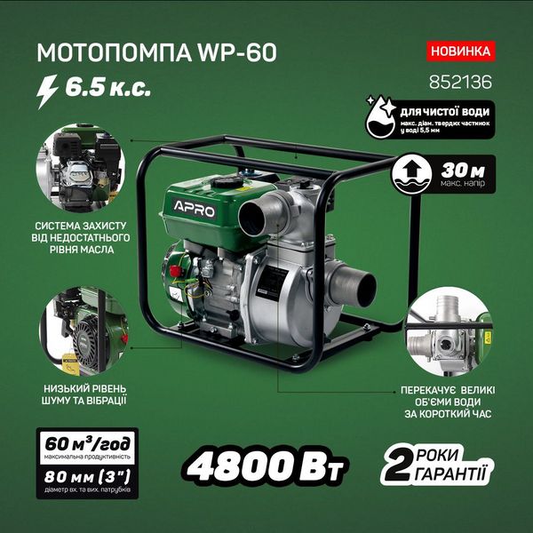 APRO Мотопомпа бензинова 4-х тактн. WP-60 6.5 л.с. 60 м3/год 30 м 852136 фото